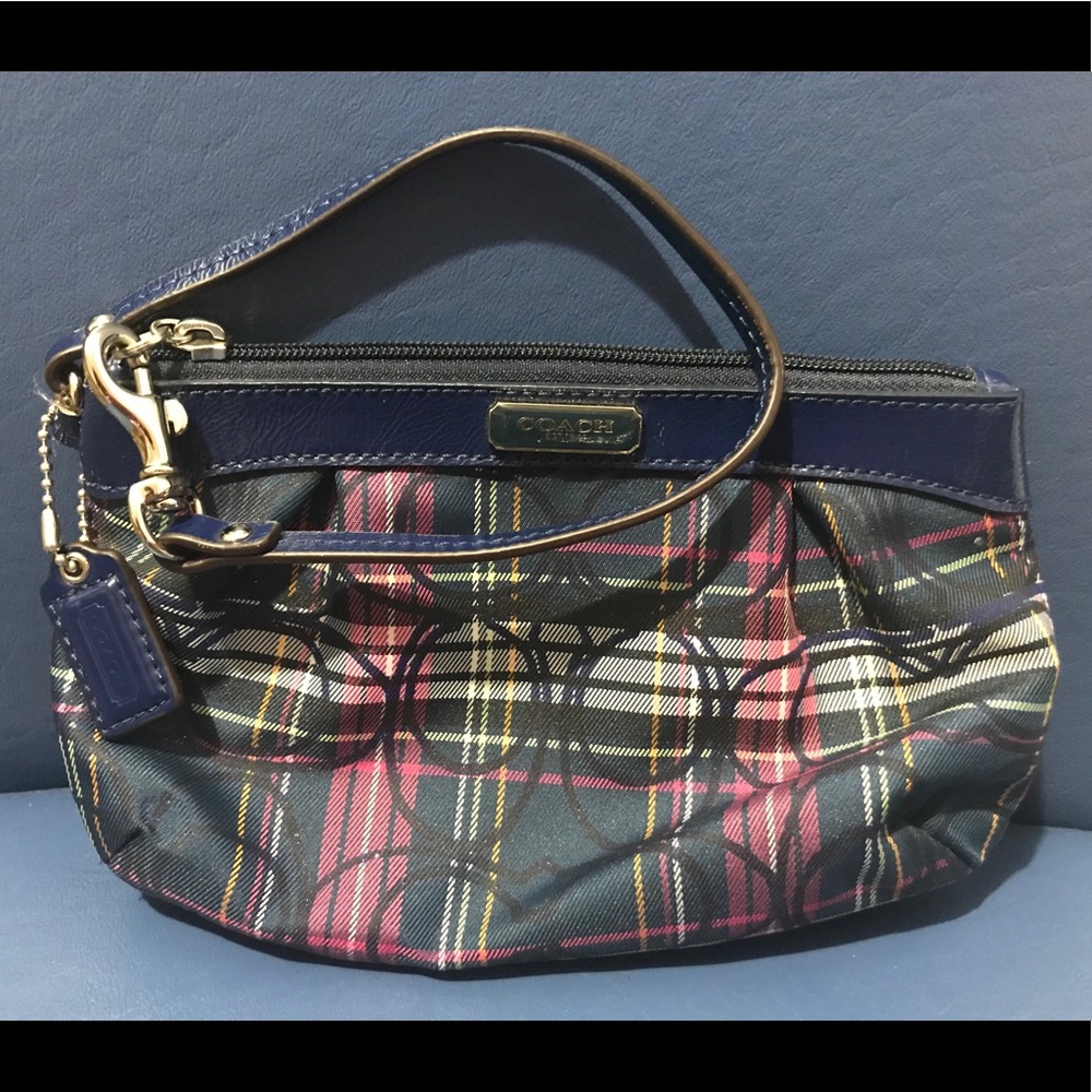 Coach multi plaid tartan patent leather wristlet